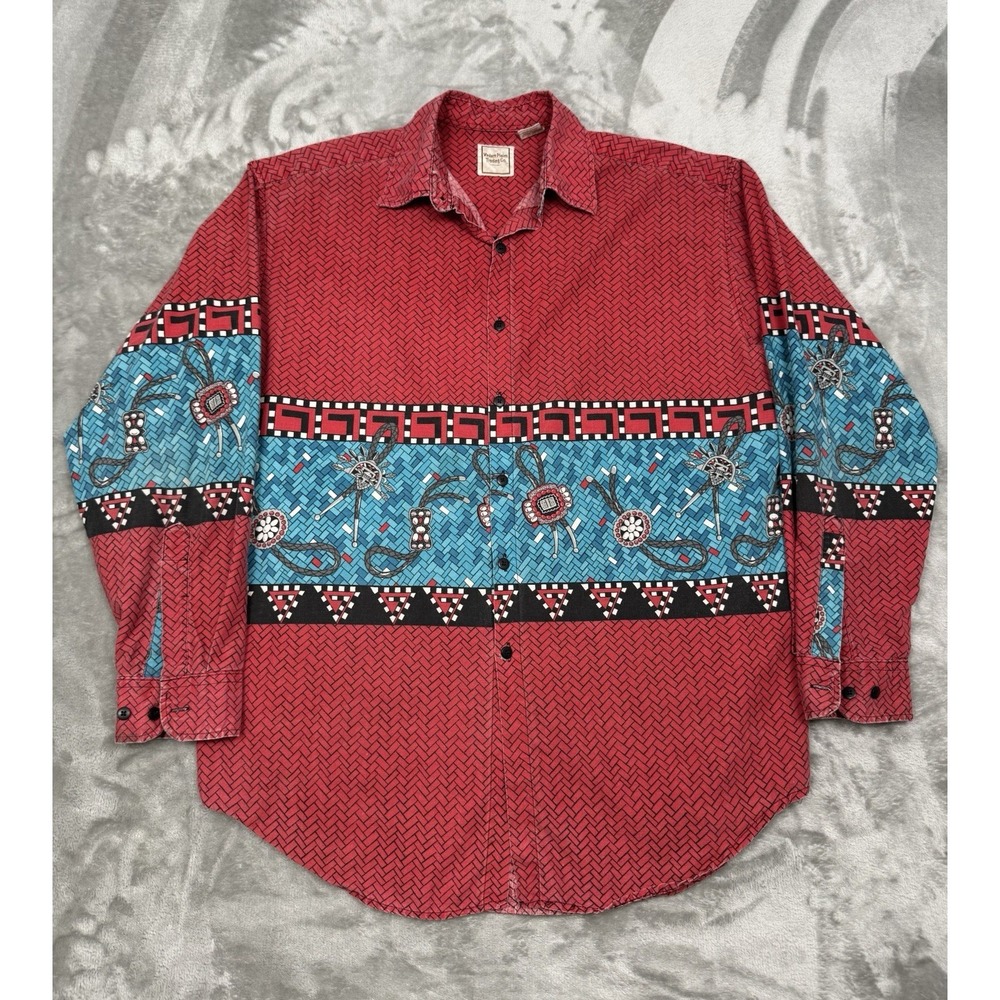 Vintage Western Shirt Mens Medium Aztec‎ Chevron Native Turquoise Southwestern